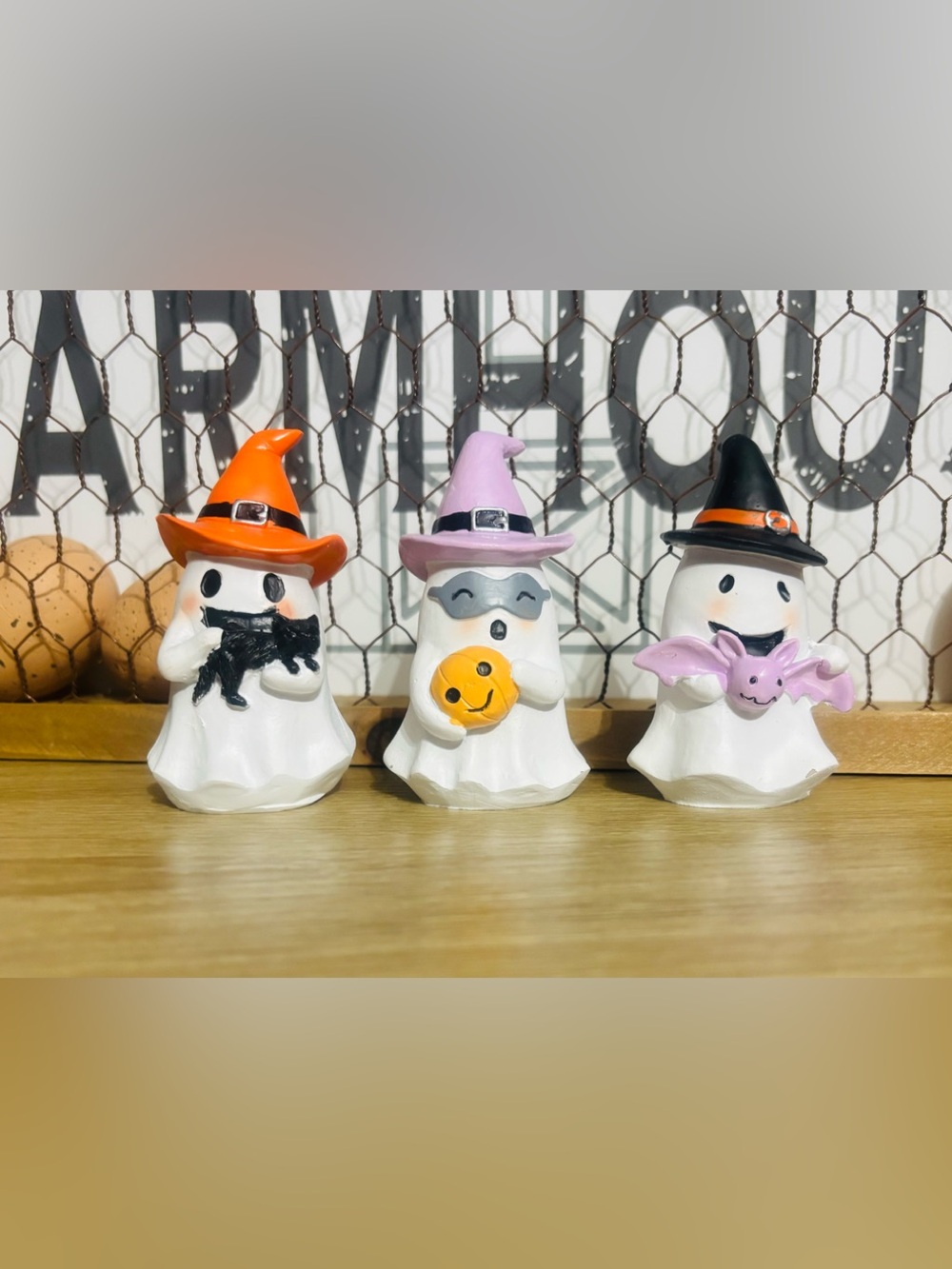 Adorable Halloween ghost  with pumpkin, bat, &  cat
